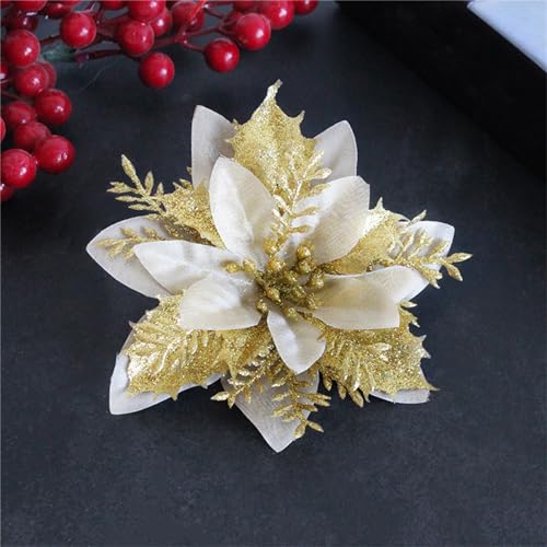 CULASIGN 12 Stück Weihnachtsblumen Deko, Künstliche Weihnachtsblumen mit Glitzer, Weihnachtsbaumschmuck Weihnachtsbaum Weihnachtskranz Hochzeitsdekorationen (Gold,12 Stück) von CULASIGN