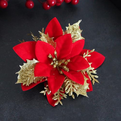 CULASIGN 12 Stück Weihnachtsblumen Deko, Künstliche Weihnachtsblumen mit Glitzer, Weihnachtsbaumschmuck Weihnachtsbaum Weihnachtskranz Hochzeitsdekorationen (Rot+Gold,12 Stück) von CULASIGN