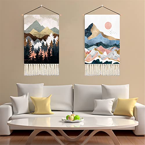 CULASIGN 2 Stück Makramee Wandbehang Gewebt Tapisserie, Berge Wälder Sonne Mond Vögel und Hirsche Landschaft, Boho Deko Wanddekon Wandteppich Chic Wanddeko Schlafzimmer Home Decor (Landschaft A) von CULASIGN