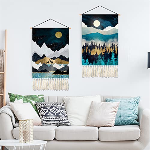 CULASIGN 2 Stück Makramee Wandbehang Gewebt Tapisserie, Berge Wälder Sonne Mond Vögel und Hirsche Landschaft, Boho Deko Wanddekon Wandteppich Chic Wanddeko Schlafzimmer Home Decor (Landschaft B) von CULASIGN