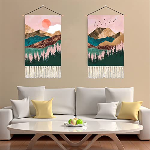 CULASIGN 2 Stück Makramee Wandbehang Gewebt Tapisserie, Berge Wälder Sonne Mond Vögel und Hirsche Landschaft, Boho Deko Wanddekon Wandteppich Chic Wanddeko Schlafzimmer Home Decor (Landschaft C) von CULASIGN