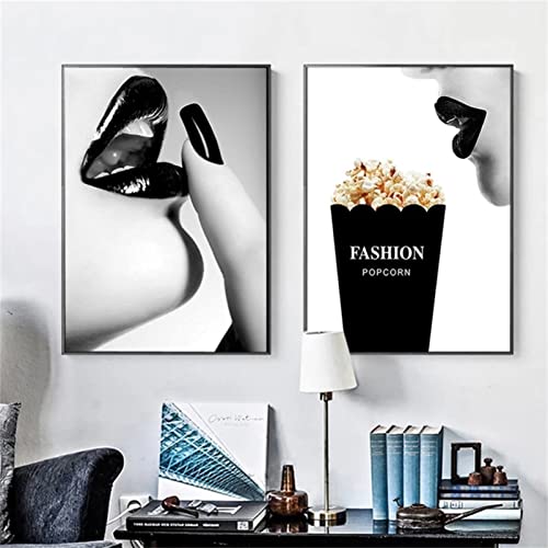 CULASIGN 2er Set Bilder Schwarz Weiß Poster Set OHNE Rahmen, Vintage Schwarz Weiß Frau Popcorn Wandbilder für Schlafzimmer Wohnzimmer Büro Flur Eingang (21x30cm) von CULASIGN