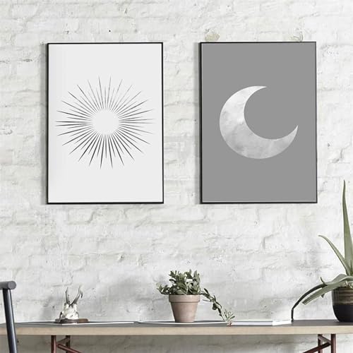 CULASIGN 2er Set Sonne Mond Poster, Abstrakt Schwarz und Grau Modern Nordic Wandbild Design-Poster, Wandbilder Wandkunst Malerei Bild,Ohne Rahmen (50x70cm) von CULASIGN