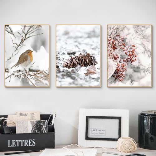 3 Stück Premium Poster Set, Winterlandschaft Wandbilder, Winter Bilder Holzhaus,Tannenzapfen,Tiger, Deko für Wohnzimmer Schlafzimmer, Ohne Rahmen (ABC,21x30cm) von CULASIGN