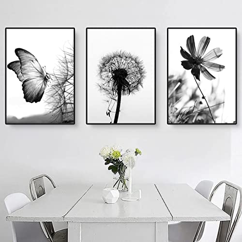 CULASIGN 3er Poster Set,Schwarz Weiß Schmetterlinge, Blumen und Löwenzahn, Moderne Bilder Set, Wandbilder OHNE Rahmen, Home Deko für Schlafzimmer und Wohnzimmer (A,40x50cm) von CULASIGN