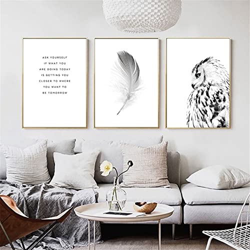 CULASIGN 3er Poster Set Schwarz Weiß Gefiederte Eule und Zitate zur Inspiration, Wandbilder Moderne Bilder Set OHNE Rahmen, Home Deko für Schlafzimmer und Wohnzimmer (50x70cm) von CULASIGN