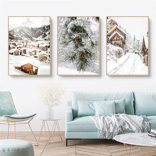 CULASIGN 3er Premium Poster Set, Moderne Natur Winter Weihnachten Wunderschöner Zeder Häuser Bilder,Leinwandbilder Wanddecor für Wohnzimmer Schlafzimmer Ohne Rahmen (21x30cm) von CULASIGN