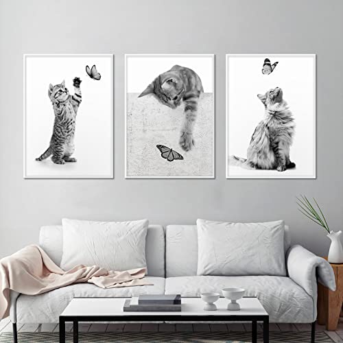 CULASIGN 3er Premium Poster Set, Schwarz Weiß Katzen Bilder Moderne Wandbilder, Schwarz-Weiß Leinwand Bild für Wohnzimmer Schlafzimmer Kinderzimmer Wanddeko Art ohne Rahmen (A,30x40cm) von CULASIGN