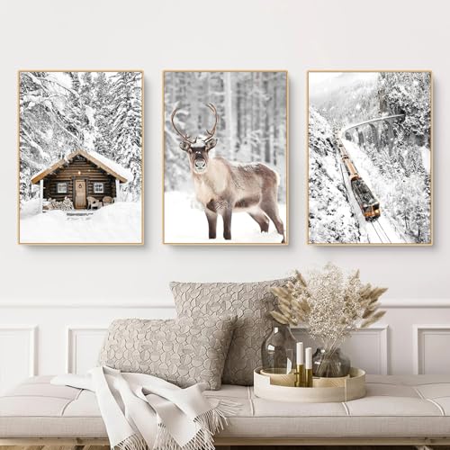 CULASIGN 3er Premium Poster Set | Moderne Winter Schneelandschaft Wandbilder | Winter Bilder Elch Holzhaus Wald | Wanddeko Wohnzimmer Schlafzimmer | Wandbilder ohne Rahmen (DEF,40x50cm) von CULASIGN