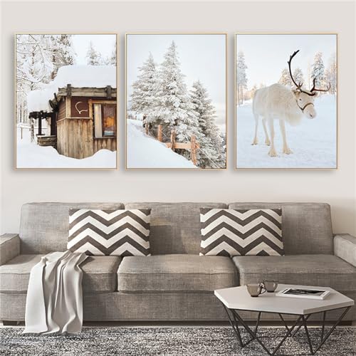 3er Premium Poster Set ohne Rahmen, Winter Schneelandschaft Bilder, Elch, Holzhaus, Wald Wandkunst Wandbilder Weihnachtsdekoration Wohnzimmer Deko Schlafzimmer (50x70cm) von CULASIGN