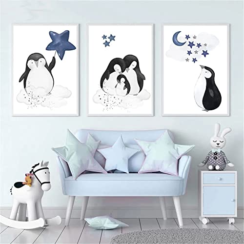 CULASIGN 3er Set Blau Pinguin Panda mit Star Poster, DIN A4 ohne Rahmen Kinderzimmer Babyzimmer Deko Bilder Kinderzimmer Mädchen und Jungen (B) von CULASIGN