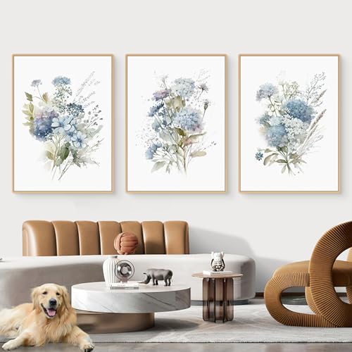 CULASIGN 3er Set Blumen Poster, Blau Blumen Leinwandbilder, Ohne Rahmen Wandbilder, Modern Boho Bilder Wanddeko (21x30cm) von CULASIGN