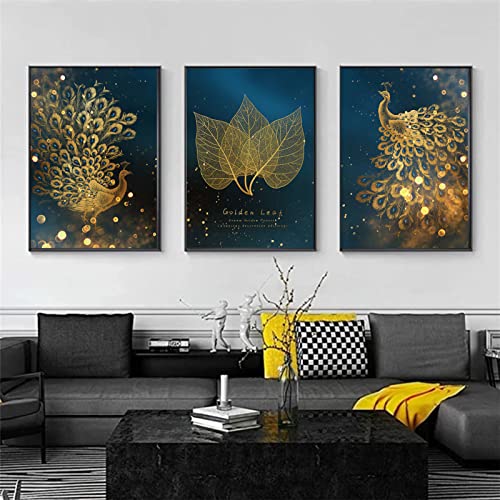 CULASIGN 3er Set Design-Poster Wandbilder, Goldene Blätter Pfau Poster Set, Ohne Rahmen, Wandbild Print Bilder Kunstposter Deko, Wanddeko Wohnzimmer (30x40cm) von CULASIGN