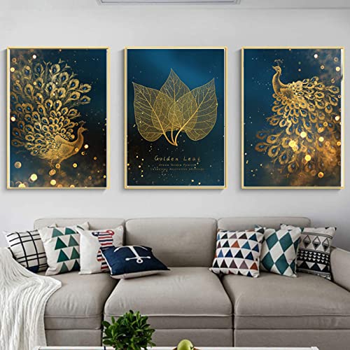 CULASIGN 3er Set Design-Poster Wandbilder, Goldene Blätter Pfau Poster Set, Ohne Rahmen, Wandbild Print Bilder Kunstposter Deko, Wanddeko Wohnzimmer (50x70cm) von CULASIGN