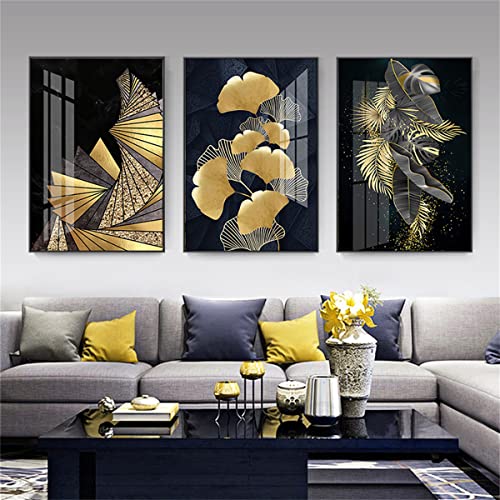 CULASIGN 3er Set Moderne Wandbild Poster, Goldene Ginkgo Blätter Wandbilder, Kunstdrucke Print Bilder Heimdekoration Kunstposter, Ohne Rahmen, Schwarz Leinwand Bilder (40x50cm) von CULASIGN