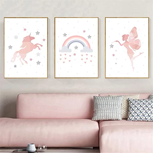 CULASIGN 3er Set Rosa Poster Kinder, Regenbogen, Pferd und Elf Poster, Wandbilder Kinderzimmer Babyzimmer Poster Bilder Mädchen Jungen Deko (30x40cm) von CULASIGN