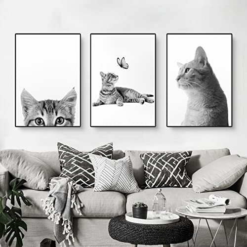 CULASIGN 3er Set Schwarz Weiß Katzen Bilder, Leinwandbilder, Einfache Stilvolle Wandbilder Kunstposter für WandDeko Ohne Rahmen (A,40x50cm) von CULASIGN