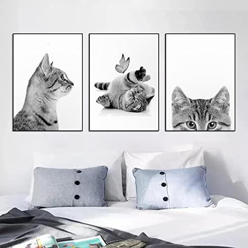 CULASIGN 3er Set Schwarz Weiß Katzen Bilder, Leinwandbilder, Einfache Stilvolle Wandbilder Kunstposter für WandDeko Ohne Rahmen (B,30x40cm) von CULASIGN