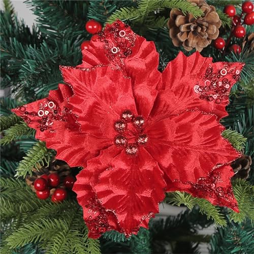CULASIGN 6 Stück Künstliche Weihnachtsblumen, Glitzer Weihnachten Blumen Weihnachtsbaumschmuck Weihnachtsbaum Weihnachtstürkranz Hochzeit Neujahr Ornamente (Rot,6 Stück) von CULASIGN
