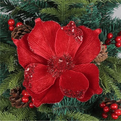 CULASIGN 6 Stück Weihnachtsblumen, Künstliche Weihnachtsblumen mit Pailletten, Weihnachten Blumen Dekoration Weihnachtsbaumschmuck Weihnachtsbaum Weihnachtskranz (Rot,6 Stück) von CULASIGN