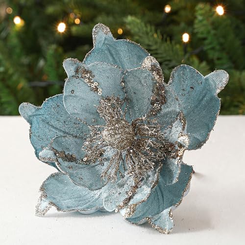 CULASIGN 6 Stück Weihnachtsblumen Glitzer Blumen Weihnachten Deko Weihnachtsbaumschmuck für Weihnachtsbaum Weihnachtskranz Hochzeits Garten Neujahr (Blau,6 Stück) von CULASIGN