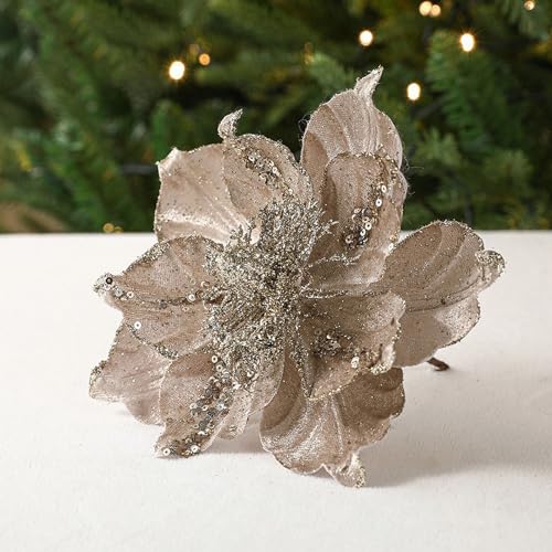 CULASIGN 6 Stück Weihnachtsblumen Glitzer Blumen Weihnachten Deko Weihnachtsbaumschmuck für Weihnachtsbaum Weihnachtskranz Hochzeits Garten Neujahr (Champagner,6 Stück) von CULASIGN