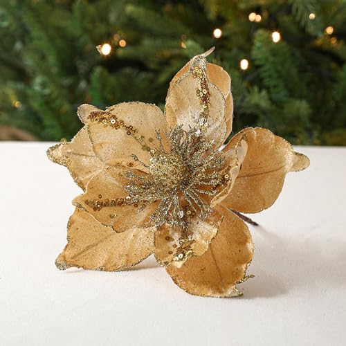 CULASIGN 6 Stück Weihnachtsblumen Glitzer Blumen Weihnachten Deko Weihnachtsbaumschmuck für Weihnachtsbaum Weihnachtskranz Hochzeits Garten Neujahr (Gold,6 Stück) von CULASIGN