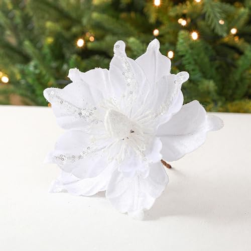 CULASIGN 6 Stück Weihnachtsblumen Glitzer Blumen Weihnachten Deko Weihnachtsbaumschmuck für Weihnachtsbaum Weihnachtskranz Hochzeits Garten Neujahr (Weiß,6 Stück) von CULASIGN
