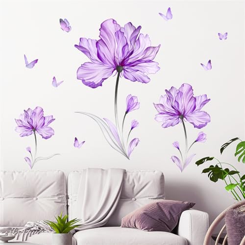 CULASIGN Große Blumen Wandtattoo, Lila Vintage Blumen Schmetterling Wandaufkleber Wandsticker Mohnsticker Wanddeko für Schlafzimmer Wohnzimmer Sofa TV Hintergrund von CULASIGN