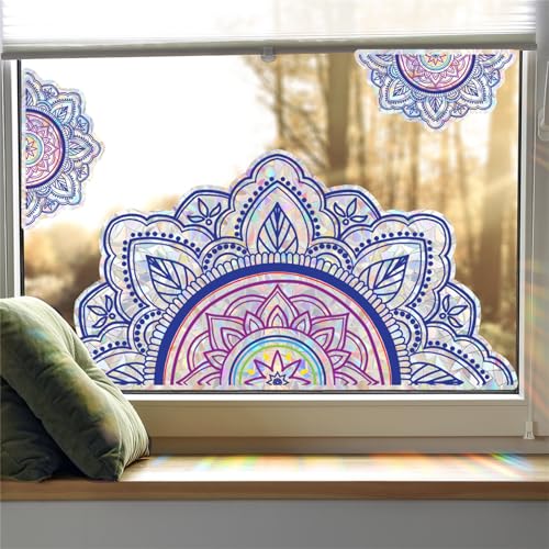 CULASIGN Mandala Prisma Fensteraufkleber, Boho Blumen Lila Fensterfolie Fensterbilder Anti-Kollisions Aufkleber, Selbstklebend Glas Fenster Dekorfolie für Wohnzimmer von CULASIGN