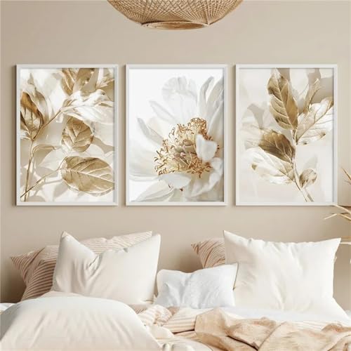 CULASIGN Poster 3er Set, Moderne Gold Blumen Blätter Wandbilder Kunst Bilder Set, Ohne Rahmen, Leinwand Poster Kunstposter Wanddeko Wohnzimmer Schlafzimmer (21 x 30 cm,A) von CULASIGN