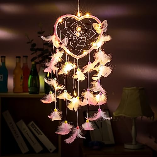 Traumfänger mit LED Licht,Led Traumfänger Mädchen Handgefertigt Dreamcatcher mit Federn, Bohemian Dekoration,für Gute Träume Wandbehang Auto Raum Mädchen Kreatives Geschenk (Rosa) von CULASIGN