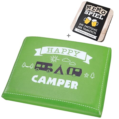 CULT at home Bierkastensitz Camping inkl. Bierdeckel Memospiel – Geschenkset für Camper Bierkisten Sitzauflage – Sitz Kissen: 44 x 34 cm – Grün von CULT at home