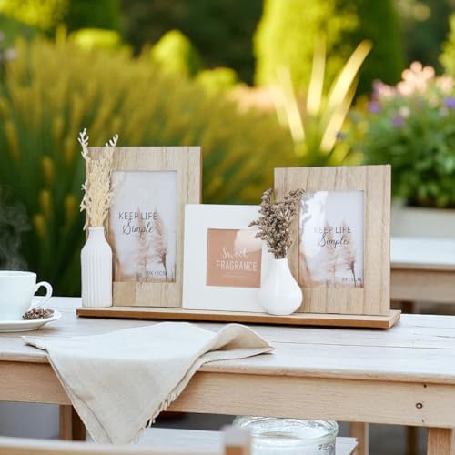 CULT at home Bilderrahmen Collage weiß natur – Halb-Vasen mit Kunstgras – Tisch Bilderrahmen set verschiedene Größen Holz – auf Basis Gesamtlänge 39 cm – Format 10x15, 8x13, 8x8 cm 39 cm von CULT at home