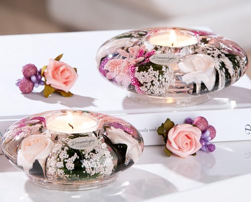 CULT at home Dreamlight Teelichthalter Deko - 2tlg Set Teelichtleuchter Rosa UFO - Hochzeit Deko Rosen Ostern – Traumlicht Teelichter Glas Rosenblüten Beeren – Ø 11/12 cm von CULT at home