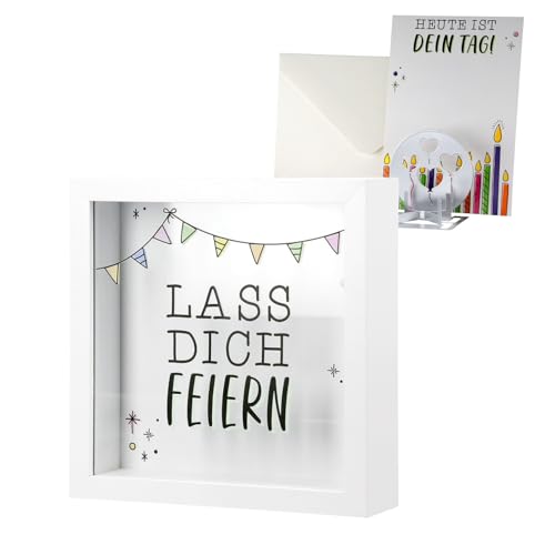CULT at home Geschenkset 2 teilig - große Spardose Glückwunschkarte - Geschenkkarte Urlaubsspardose Geldgeschenk Geburtstag Hochzeit - Grußkarte mit kleinem Teelichthalter von CULT at home