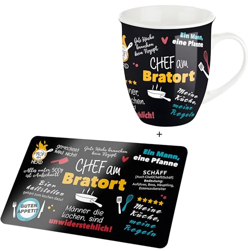 CULT at home Geschenkset Bratort für Männer - 2 teilig – 1 x Brettchen1 x Jumbo Tasse Bratort – Frühstücksbrett Brotbrett – Geschenk Geburtstag – Brett: 23,5 x 14,5 cm von CULT at home