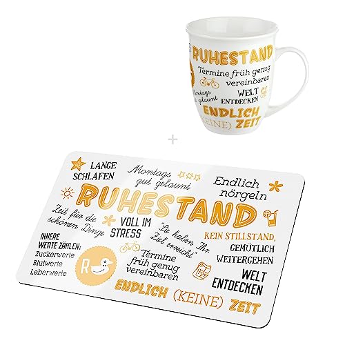 CULT at home Geschenkset Ruhestand Rente - 2 teilig – 1 x Brettchen 1 x Jumbo Tasse Kaffeepot Rentner Tasse – Frühstücksbrett Brotbrett – Geschenk Oma Opa – Brett: 23,5 x 14,5 cm von CULT at home