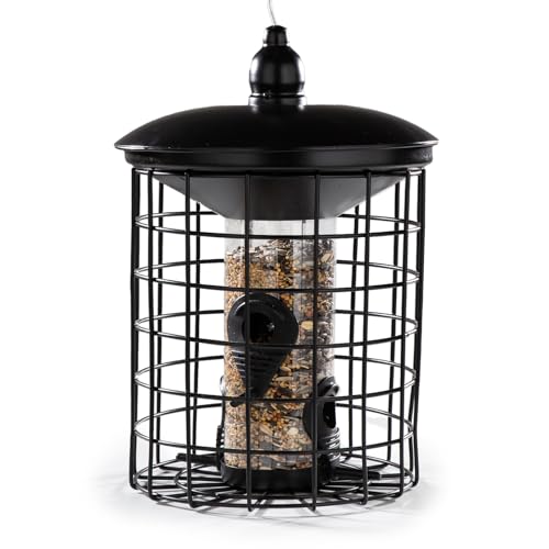 Cult at Home Vogel Futterhaus – Futtersäule mit Schutzkäfig – Vogelhaus taubensicher für kleine Vögel Wildvögel – Vogelfutterhaus zum Aufhängen – Metall Schwarz Höhe 29 cm von CULT at home