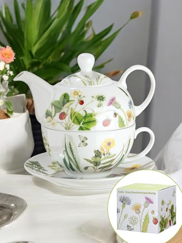 Cult at home Geschenkset - Teekanne Porzellan grosse Tasse 300 ml Untertasse - Tea for one Set - Tee Kanne Teetasse Untertasse – Geschenk Muttertag Ostern Deko Wild Flower - inkl 4 Teefilter Einweg von CULT at home
