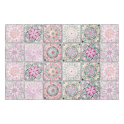 24 stück Mosaik Bodenaufkleber Wandfliese Aufkleber Rosa Mandala Blumen PVC Fliesensticker Fliesen Marokko Selbstklebende Tapete Wasserdicht Wandaufkleber für Küche,Schrank,Möbel,Tisch von CULTS