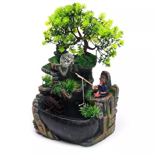 Zimmerbrunnen Wasserfall mit Led Beleuchtung Pflanzen, Tischbrunnen Indoor Wasserfall Desktop Brunnen Gartenbrunnen für Home Office Schlafzimmer Schreibtisch Dekoration (Kein Nebel 20 x 15 x 30cm) von CUMELLIIR