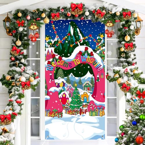 Weihnachtstür Dekoration Welcome to Whoville Türabdeckung Winter Weihnachten Dorf Hintergrund Xmas Tür Hintergrund Hängendes Banner für Happy New Year Xmas Holiday Party Supplies von CUMIA