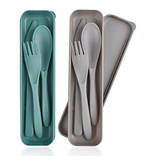 CUNTAUK Reisebesteck Set mit Etui, 2er Pack, tragbares Besteck Set, Wiederverwendbare Kunststoffgabeln, Löffel, Geschirr, Camping Besteck Set für Reisen, Picknick, Outdoor, Büro, Schule (Graugrün) von CUNTAUK