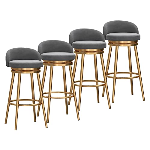 4er Set Barhocker - Moderner 360° drehbarer Hochhocker mit Rückenlehne - Goldene Rahmen - Samtbezogene Inselhocker für Arbeitsplatte - Grau von CUNTO
