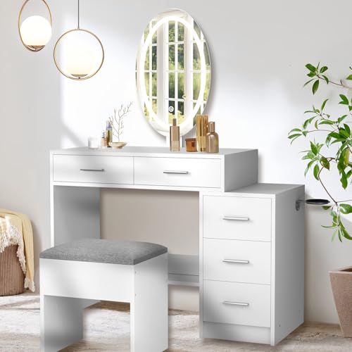 CUOZOVA Schminktisch mit Beleuchtung 3 Farben LED mit Einstellbarer Helligkeit Modern Schminktisch mit Spiegel Hocker Sets Schminktischs mit 5 Schubladen for Schlafzimmer Großer Speicherungr Weiß von CUOZOVA