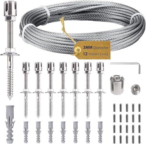 Rankhilfe aus Edelstahl für Kletterpflanzen, Profi-System als Komplettset mit Wandhaltern und 3mm Stahlseil (8 Halter, 12m Seil) von CUPCHID