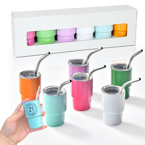 CUPITUP Mini-Schnapsglas mit Strohhalm und Deckel, 85 ml, Set mit 6 verschiedenen Farben, Edelstahl, blanko, Sublimationsglas, 85 ml, für Hochzeit, Geburtstag, Junggesellinnenabschied von CUPITUP