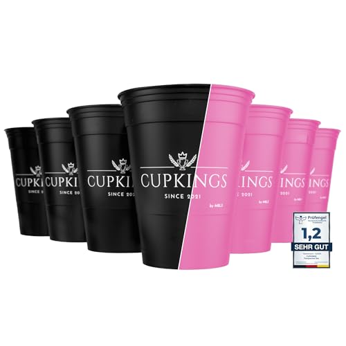 CUPKINGS Party Becher Set | 22 Hartplastik Festival Zubehör & Party Deko | 473ml / 16oz | Spülmaschinenfest & Wiederverwendbar | Mehrweg | Schwarz/Pink von CUPKINGS