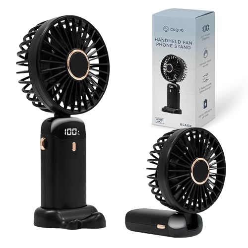 CUQOO Handventilator mit Telefonständer – Mini-USB-wiederaufladbarer Ventilator mit leistungsstarkem Akku (4000 mAh) | Faltbarer Schreibtischventilator mit 5 Geschwindigkeiten & Digitalanzeige | von CUQOO